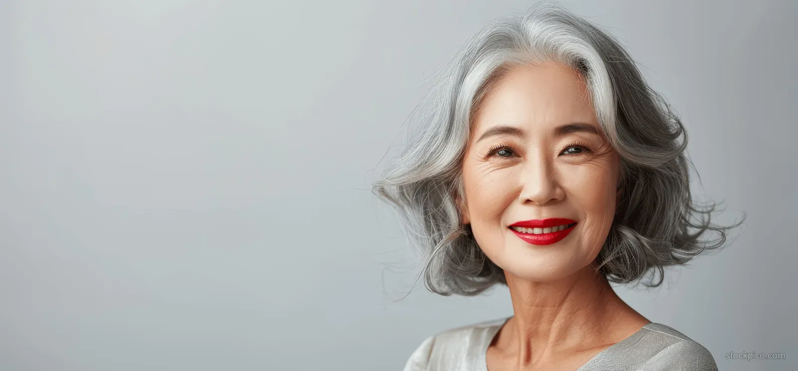 Smiling Asian senior woman with gray hair and red lipstick against a plain white background.