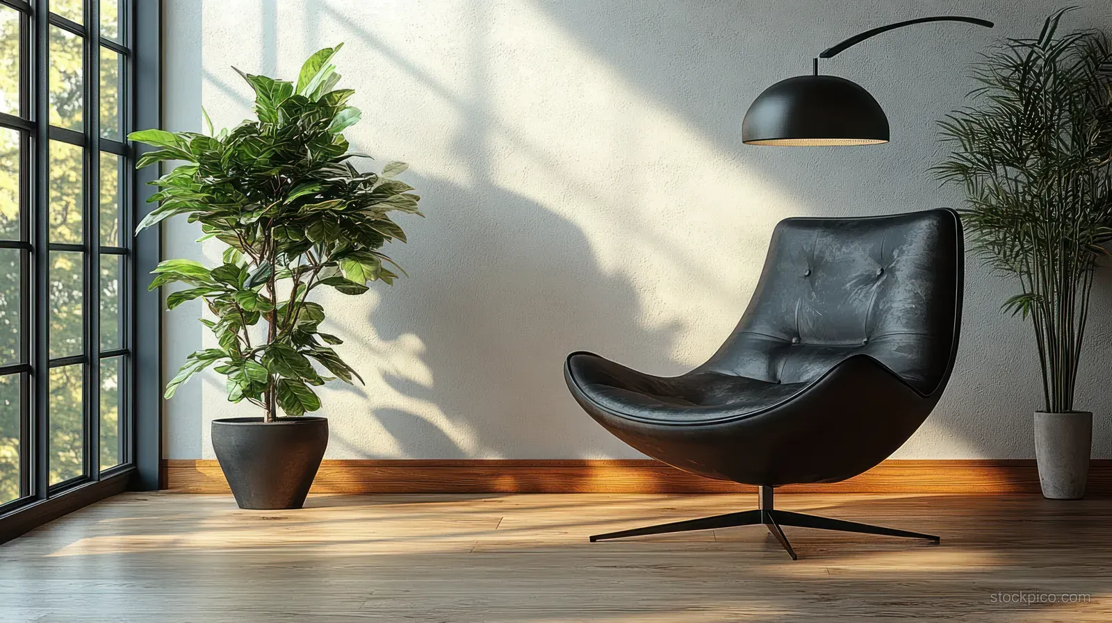Black lounge chair and arched floor lamp in a sunlit minimalist room with potted plants near a large window.