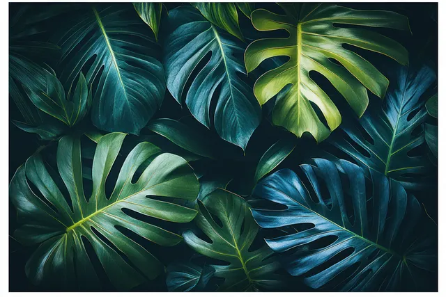 Tropical palm fronds botanical artwork shown inside a white frame on a black background.