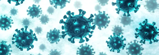 Glowing coronavirus particles floating in a blue microbe infection backdrop with abstract spread