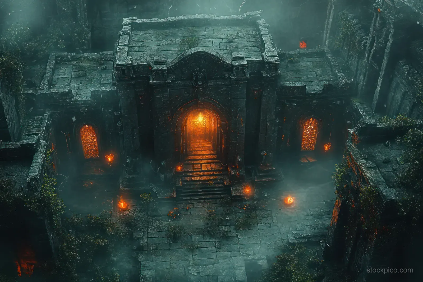 Aerial view of dark fantasy temple ruins with flickering torches, carved stone pillars, and drifting mist.