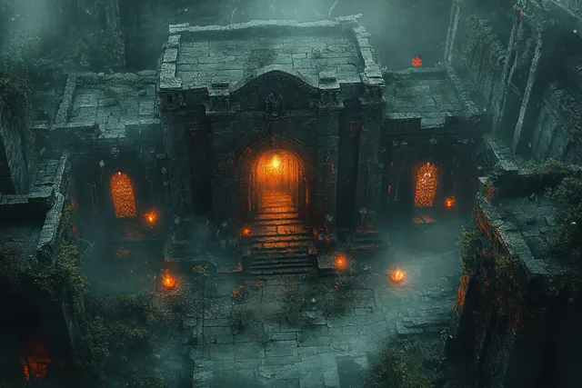 Aerial view of ruined temple hall with flickering torches and misty overgrown stonework