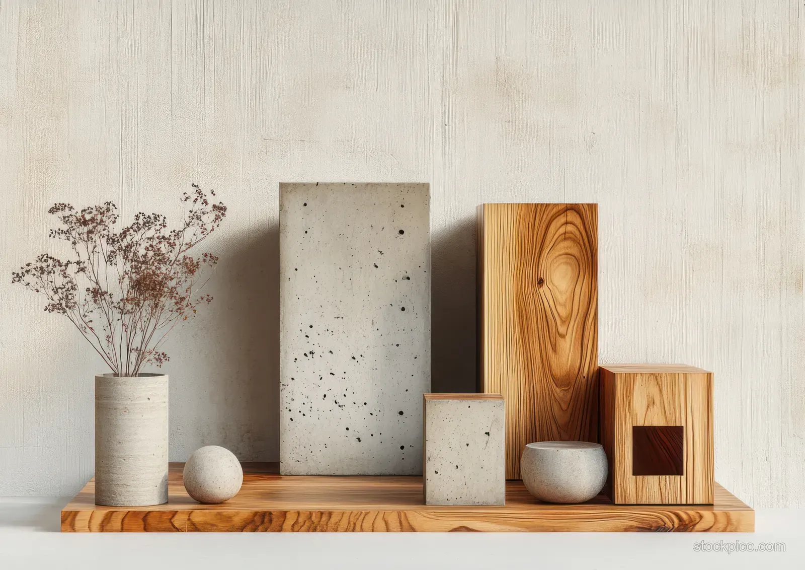 Minimalist wooden blocks and small ceramic pieces arranged on a shelf against a warm concrete wall.