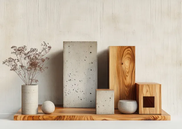 Minimalist wooden blocks still life on shelf with soft shadows and warm concrete