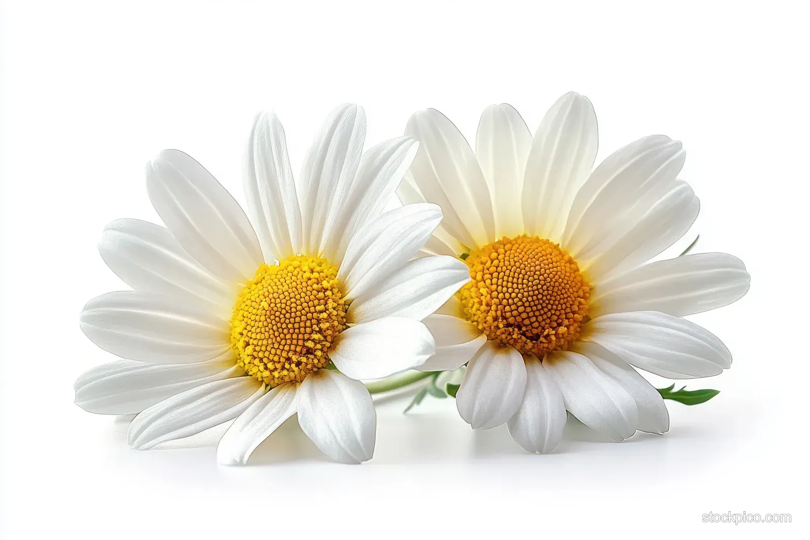 Two white daisies with yellow centers lie closely together on a clean white background.