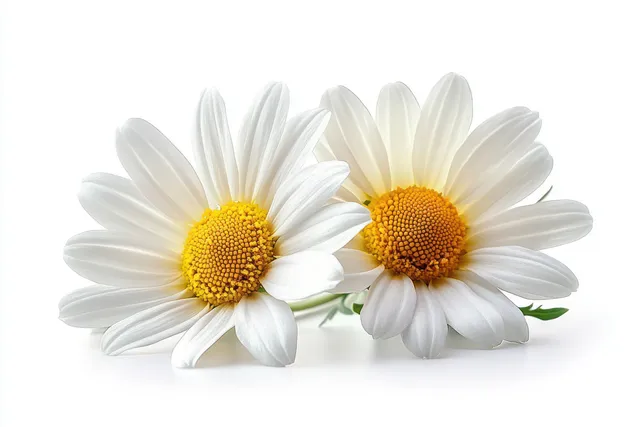 Two white daisies with yellow centers lying together on a clean white background with Botanical Still Life