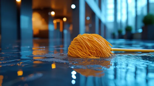 Orange industrial mop head glides over a shiny office floor with reflected light and a clean streak.