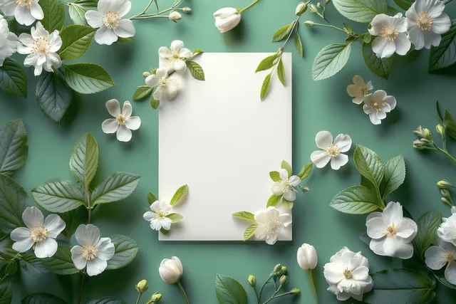 Blank white wedding invitation card surrounded by spring daisies on green background