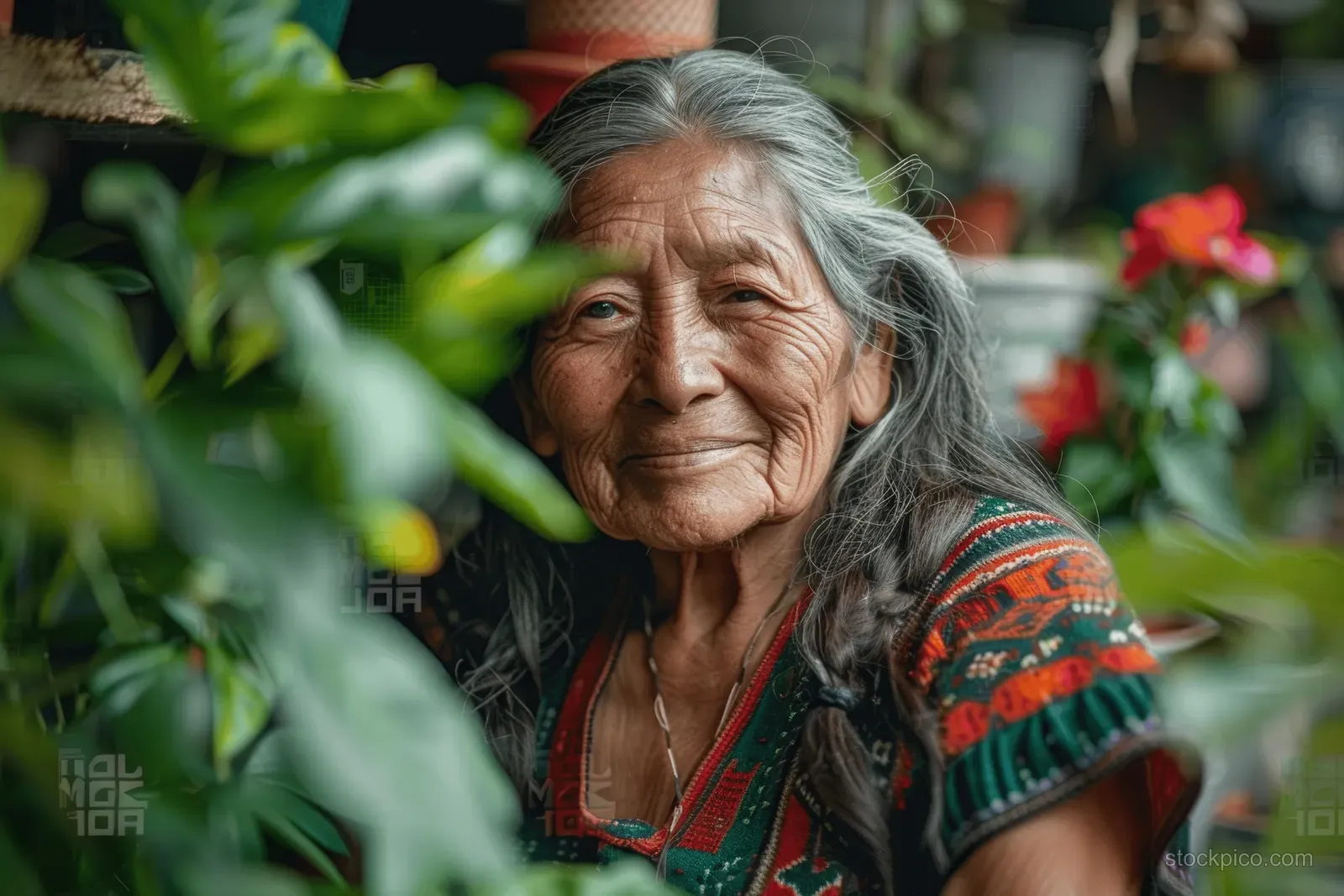 An elderly woman smiles among leafy plants in a community garden.
