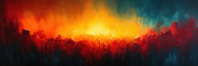 Abstract oil painting with red-orange fiery shapes blending into blue tones over textured impasto brush strokes.