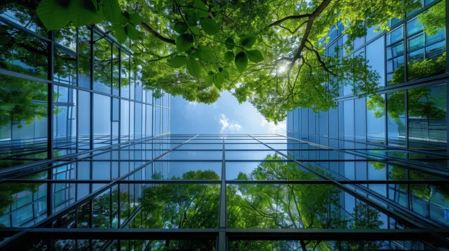 Green-leaf framed glass office atrium with sunlight and city skyline at low angle