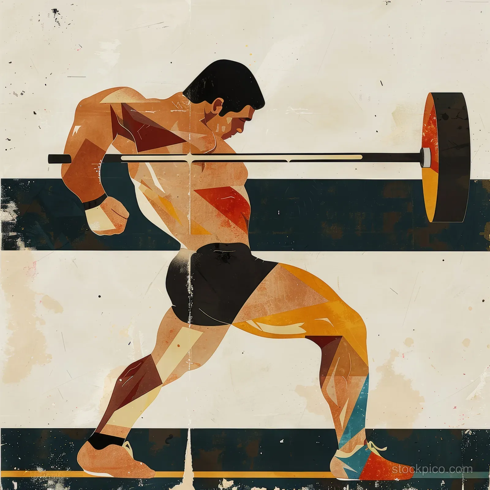 Abstract weightlifter kneeling and lifting a barbell amid angular orange and black shapes on a textured background.