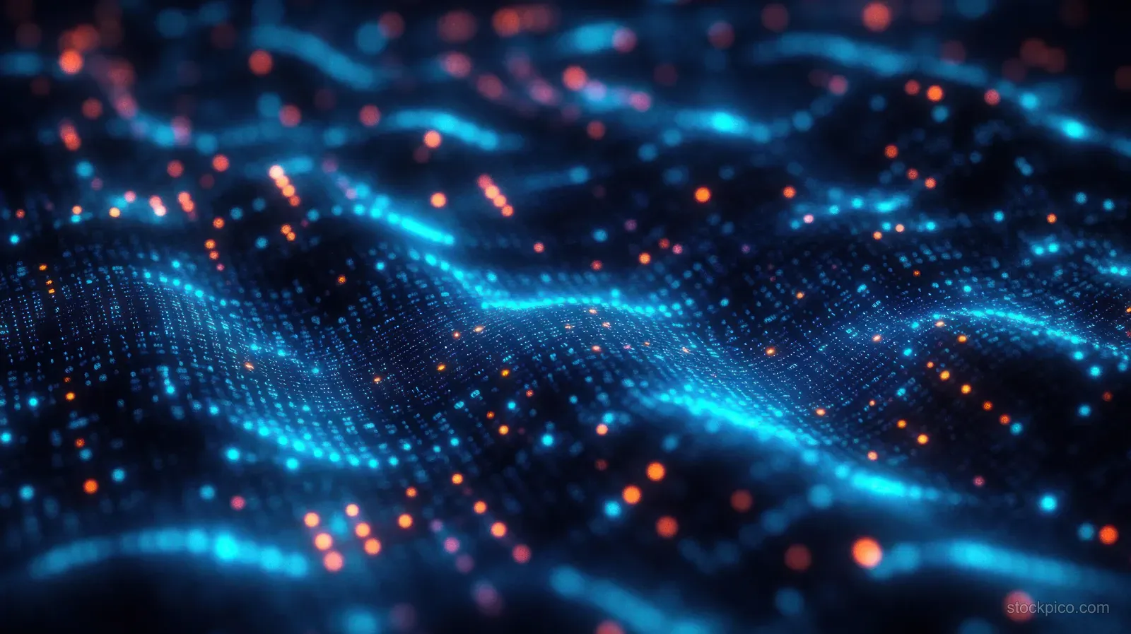 Glowing blue and orange dots and lines form an abstract digital wave across a flowing grid pattern.