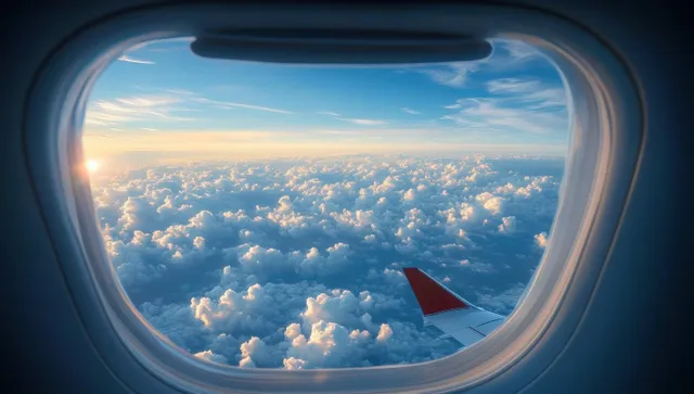 Sunset clouds seen through an airplane window with the wing extending into the frame.