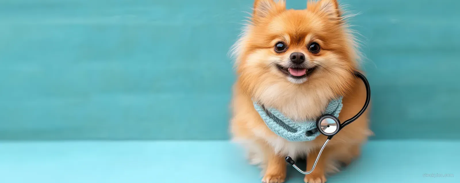 A small fluffy dog wearing a blue scarf and stethoscope sits against a solid blue background.
