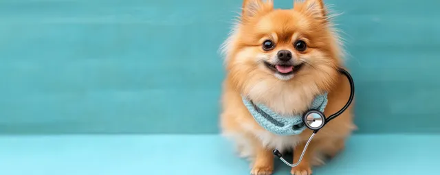 A small fluffy dog wearing a blue scarf and stethoscope sits against a solid blue background.