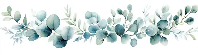 Watercolor eucalyptus leaves and jasmine blossoms form a soft botanical border across a light background.
