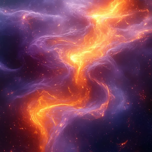 Golden orange electric currents and lightning-like waves swirl through a deep purple cosmic cloud background.