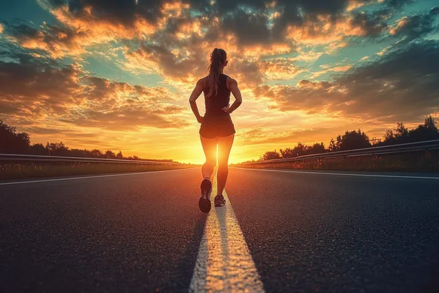 A female runner stretches on an open highway at sunset, surrounded by dramatic golden lighting and a vivid sky.