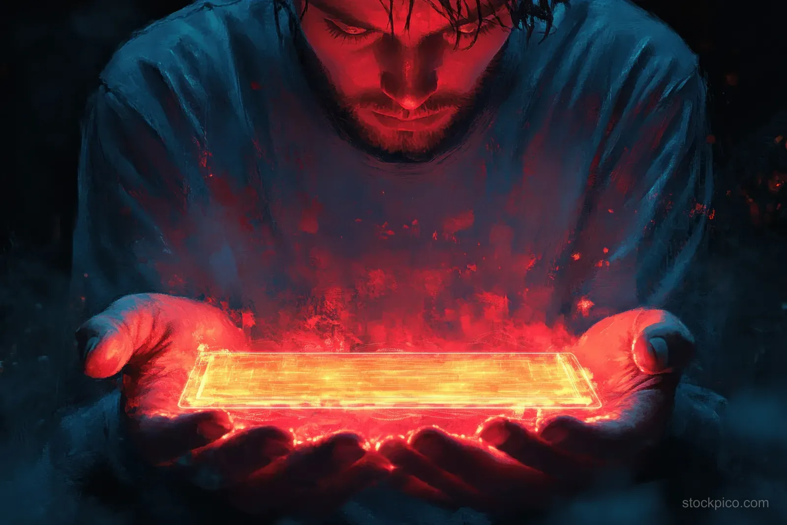 A hooded figure holds a glowing holographic book in a dark cyber atmosphere.