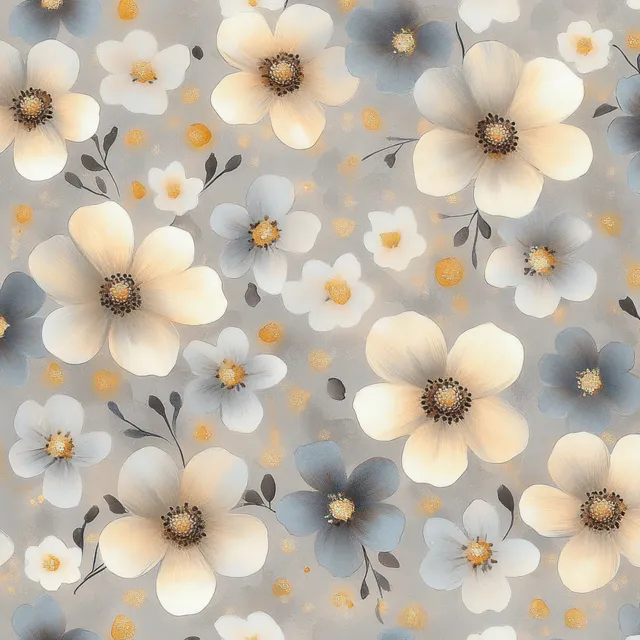Delicate soft gray flowers with subtle gold accents create a seamless watercolor pattern ideal for textiles and vintage designs.