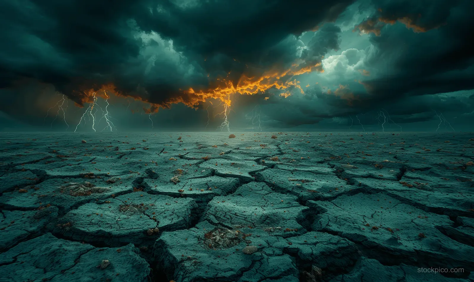 Lightning bolts flash over cracked dry earth under a turbulent storm sky.