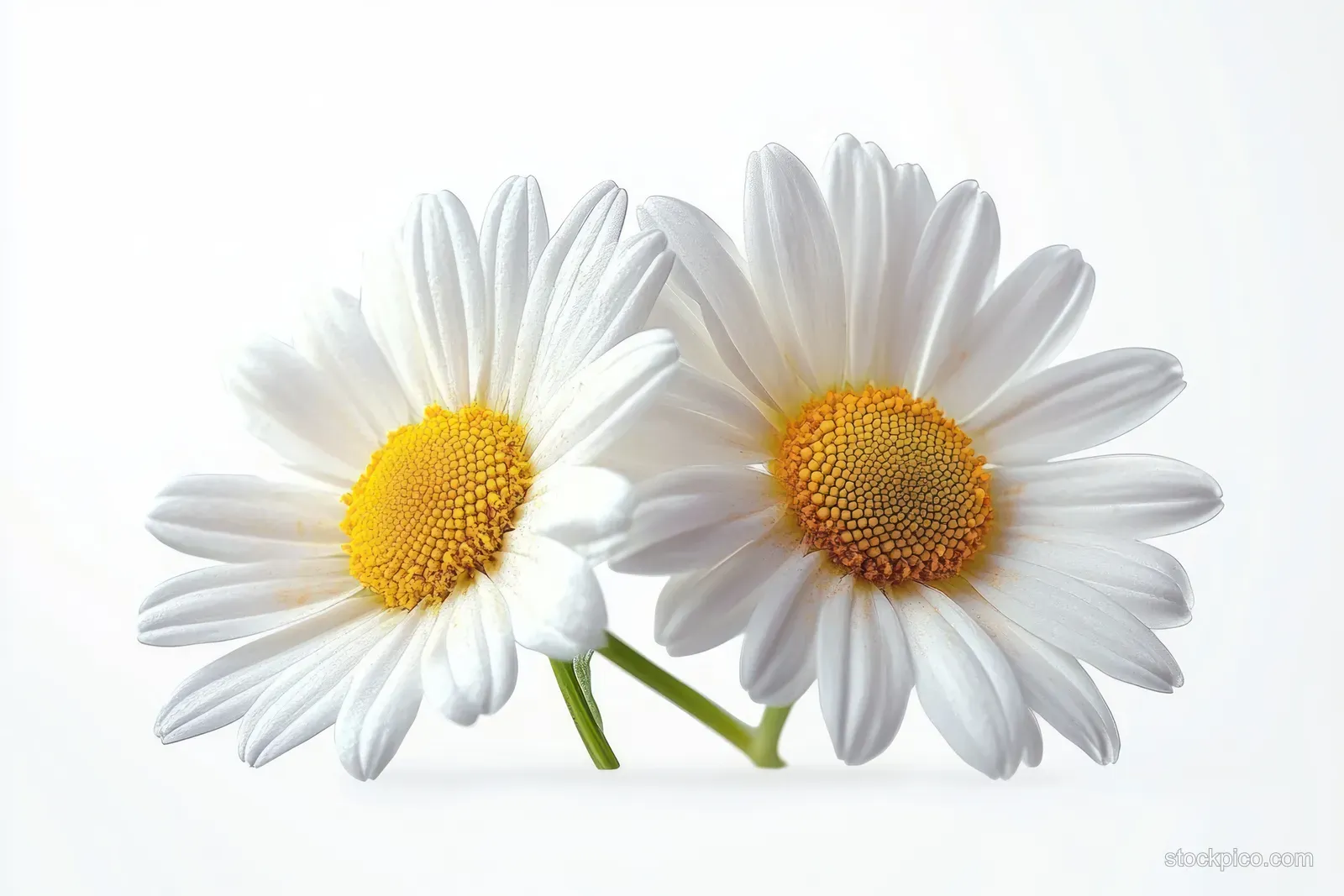 Two white daisies with yellow centers and green stems on a clean white background.