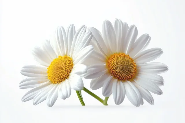 Two white daisies with yellow centers and green stems on a clean white background.