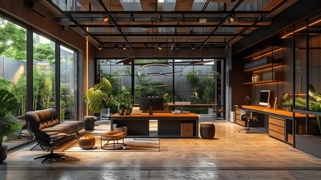 Industrial modern office interior with glass walls, dark wood desks, potted plants, and a metal ceiling grid.