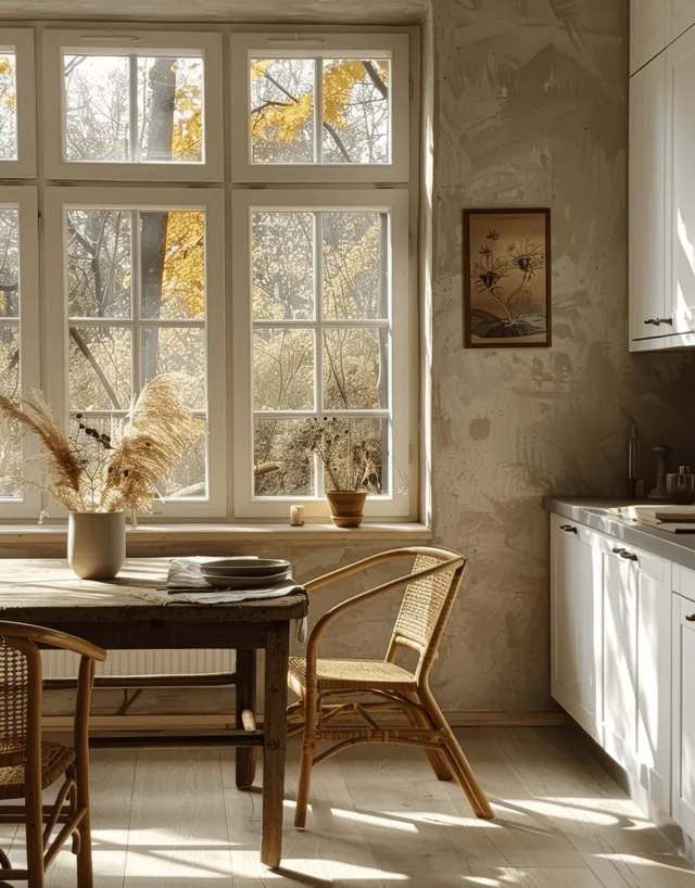 Cozy kitchen dining corner with rattan chairs and framed poster by sunny window