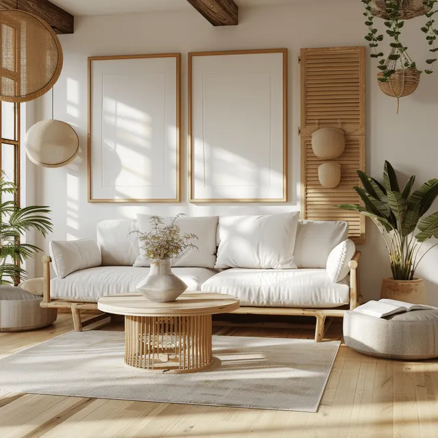 Scandinavian living room with white sofa, light wood coffee table, beige carpet, plants, and framed posters on the wall.