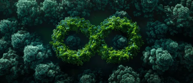 Green circular forest rings transforming into recycling icons across dense canopy