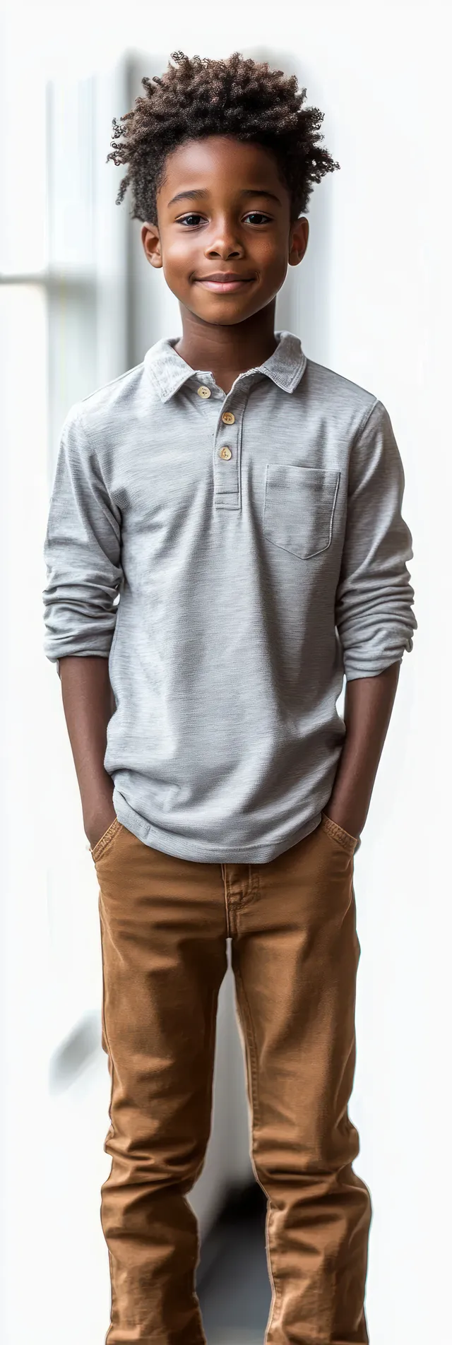 Smiling boy with curly hair standing indoors in a light grey long-sleeve polo with hands in pockets.