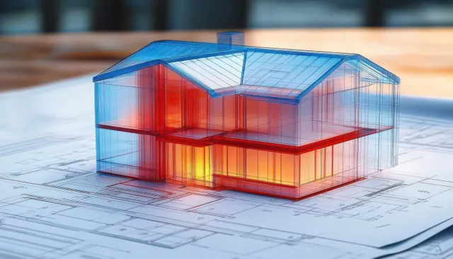 Transparent two-story house model with glowing interior rests on detailed blueprints with a pitched roof under warm light.