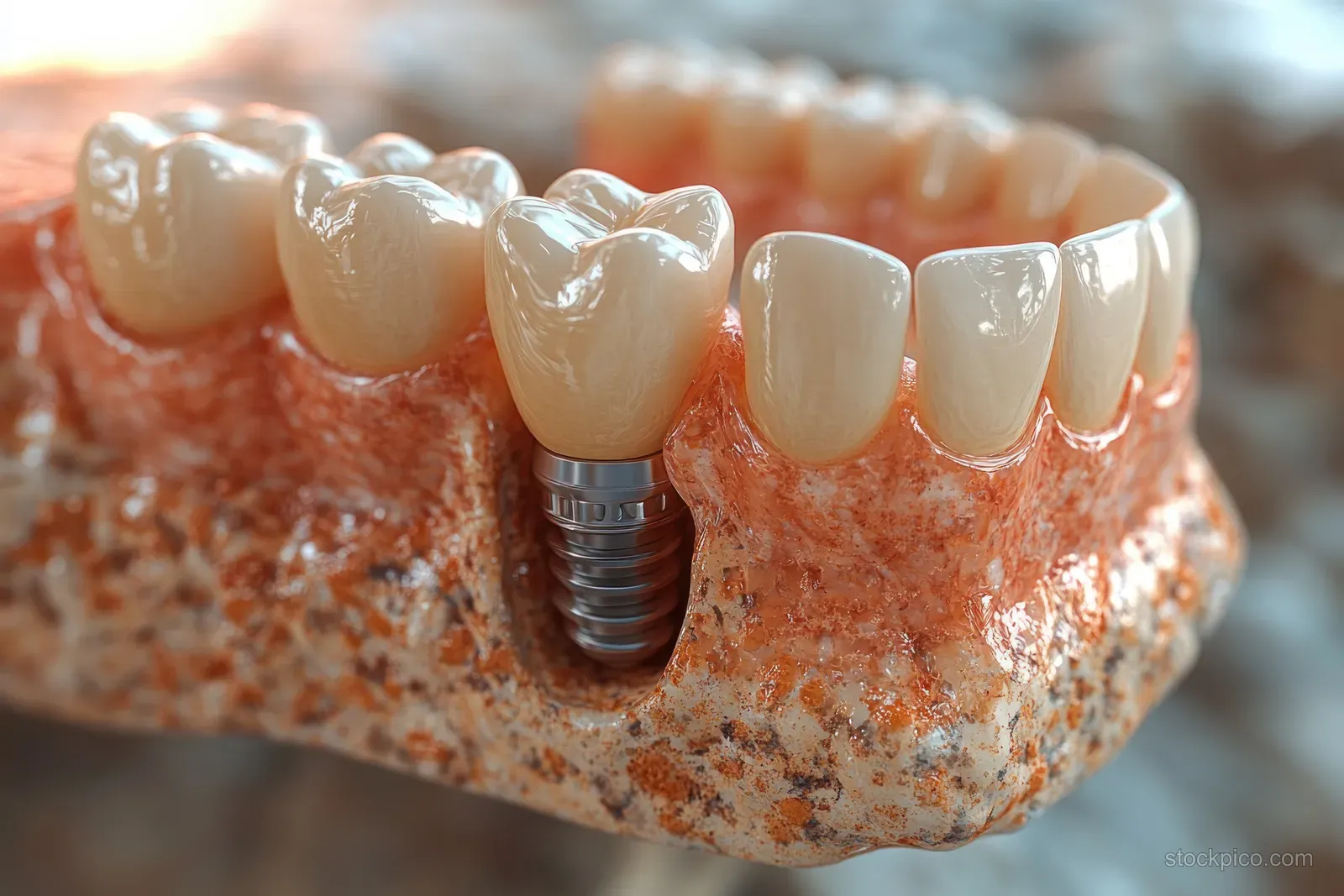 Metal dental implant screw is seated in a jaw model next to a crown filling a missing tooth gap.