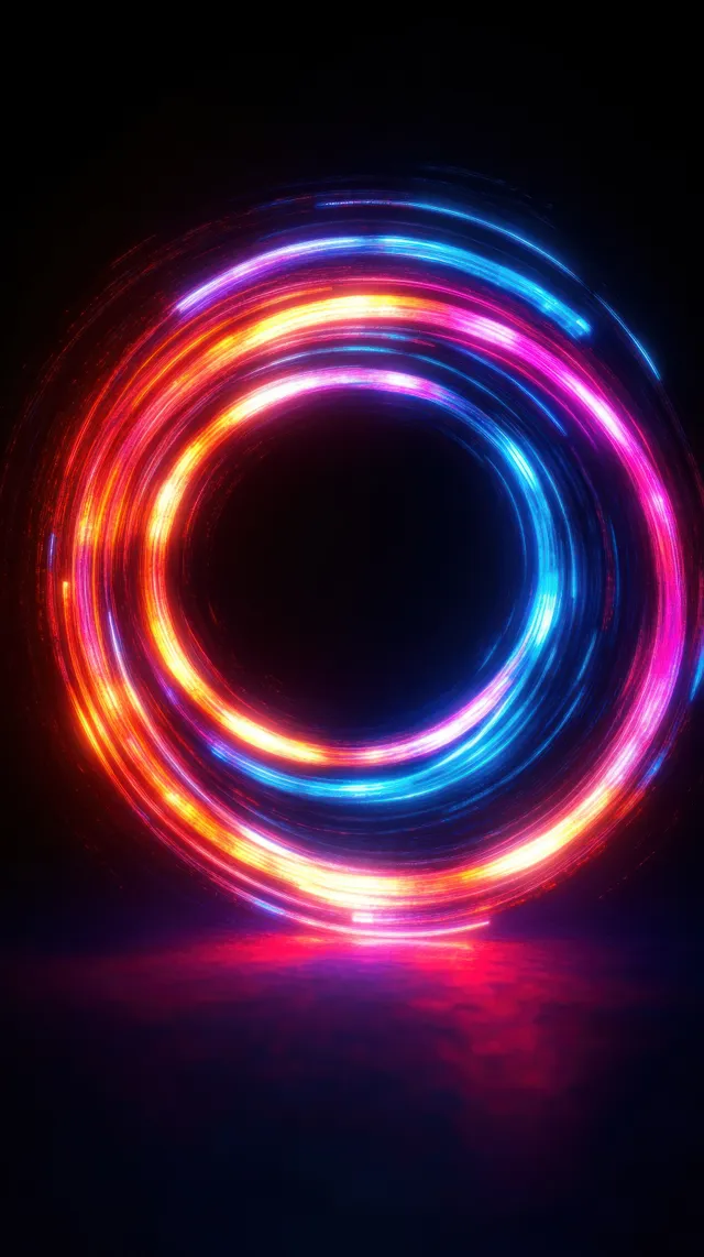 Multicolor neon concentric rings glow on a dark background with bright light trails.