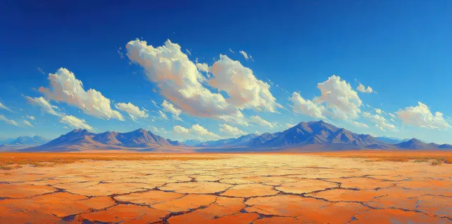 Cracked desert ground leads to blue mountains beneath bright sunlight and a clear sky.