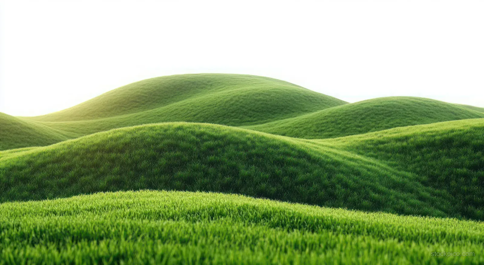 Green rolling grass hills with smooth undulating ridges under soft bright light on a white background.