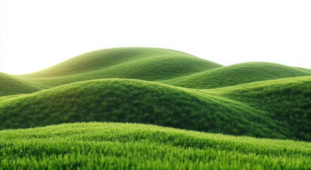 Undulating green grass hills under soft bright light on a clean white background