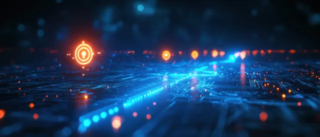 A dark futuristic circuit board glows blue and orange with illuminated data points and connected pathways.