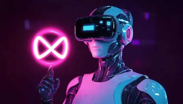 Cyberpunk humanoid robot wearing VR headset with glowing infinity symbol in neon darkness