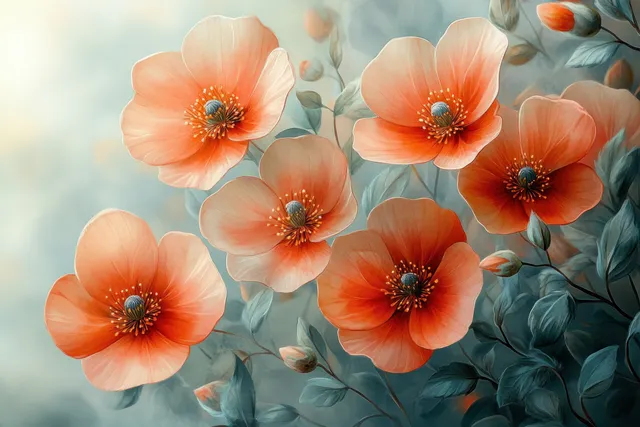 Watercolor poppies and teal leaves blooming in soft pastel garden background