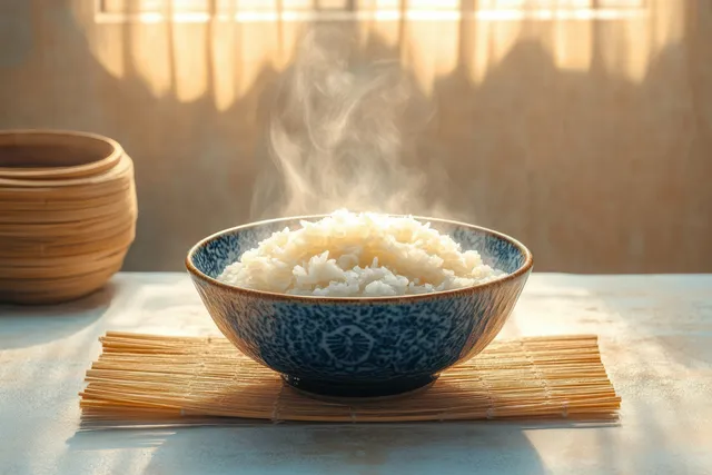 A steaming bowl of white rice sits on a bamboo mat while warm sunlight filters through sheer curtains in the background.