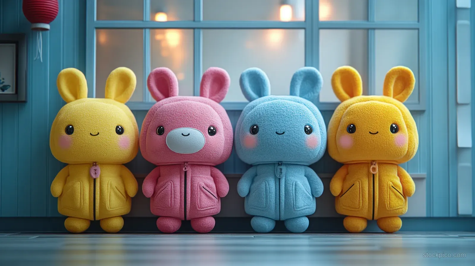 Four cute cartoon business animals sit in a modern office near notebooks and a laptop under soft evening light.