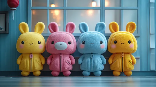 Four cute cartoon business animals sit in a modern office near notebooks and a laptop under soft evening light.