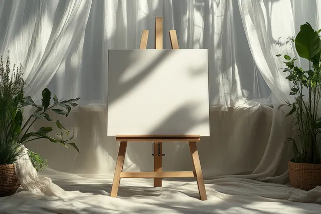 Wooden easel displaying an empty blank canvas in front of white draped curtains with soft sunlight.