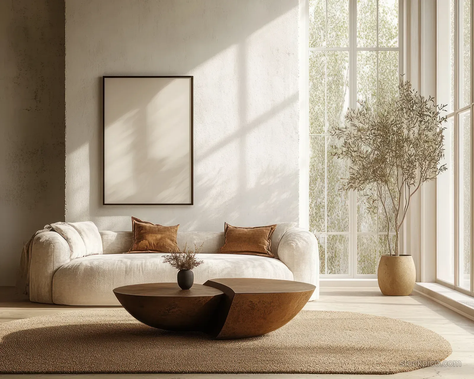 A modern living room shows a cozy sofa, sculptural coffee table, and warm sunlight from large windows.