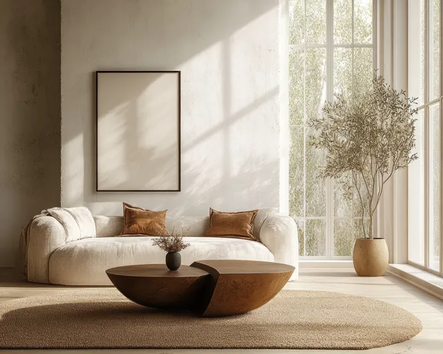 A modern living room shows a cozy sofa, sculptural coffee table, and warm sunlight from large windows.