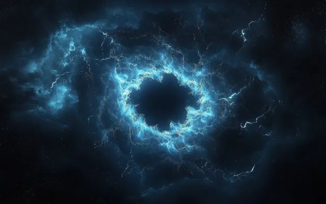 A dark space vortex ring crackles with electric blue lightning and surrounds a glowing black center.
