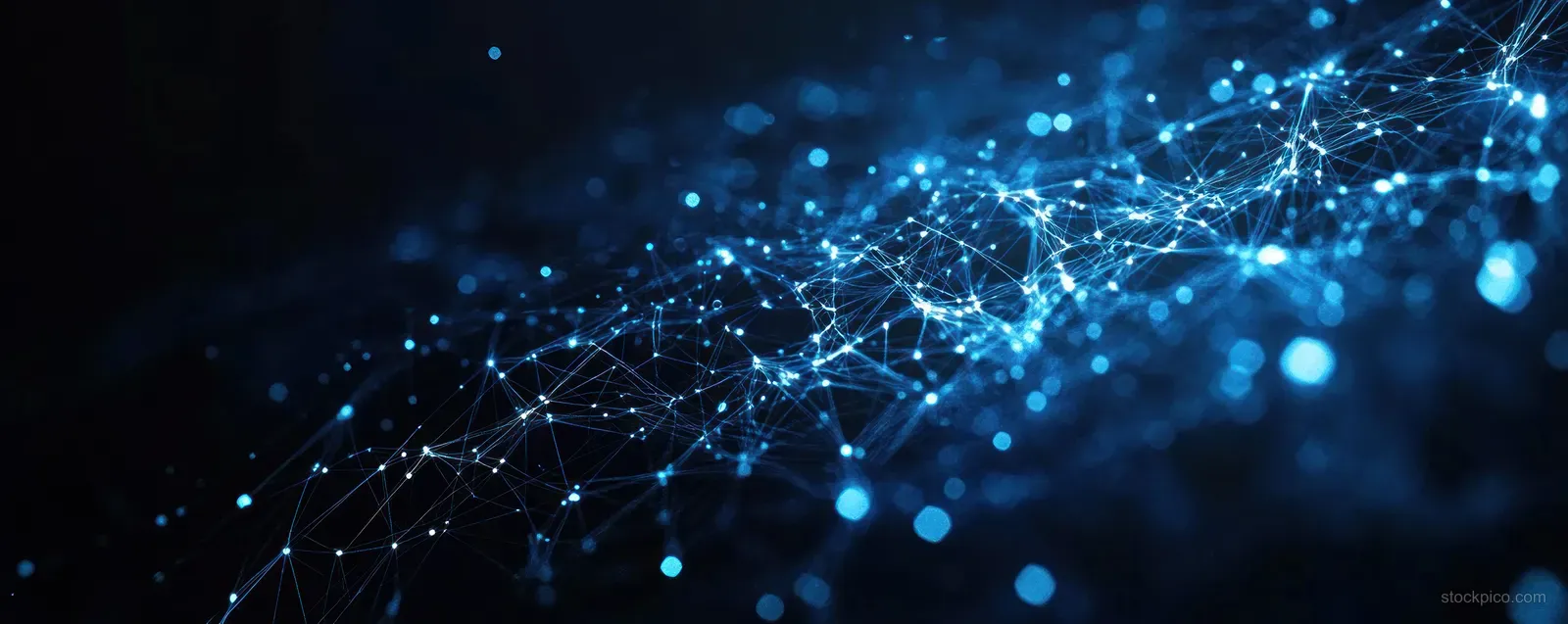 Glowing blue nodes connected by luminous lines form an abstract network across a dark background.